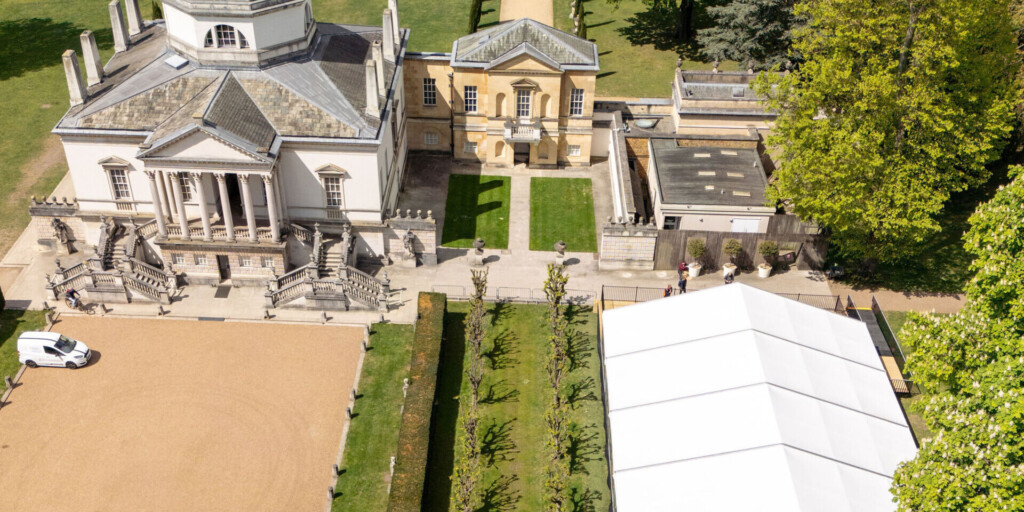 Large corporate marquee installation at Chiswick House, London, erected by Key Structures on levelled ground using the FloorStak support system
